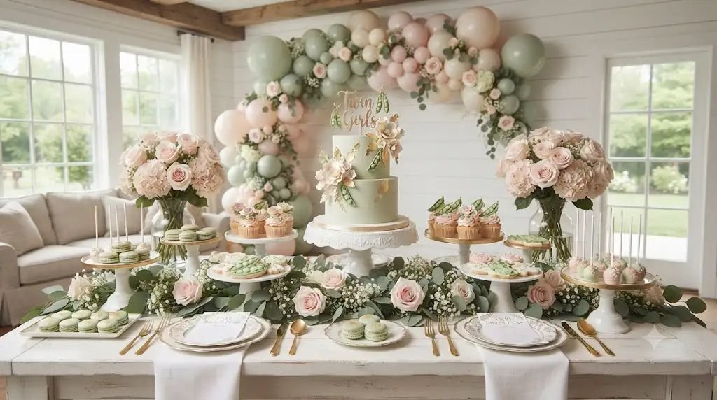 11 Sweet Twin Girls Baby Shower Ideas Featuring Cute 'Two Peas' Macarons