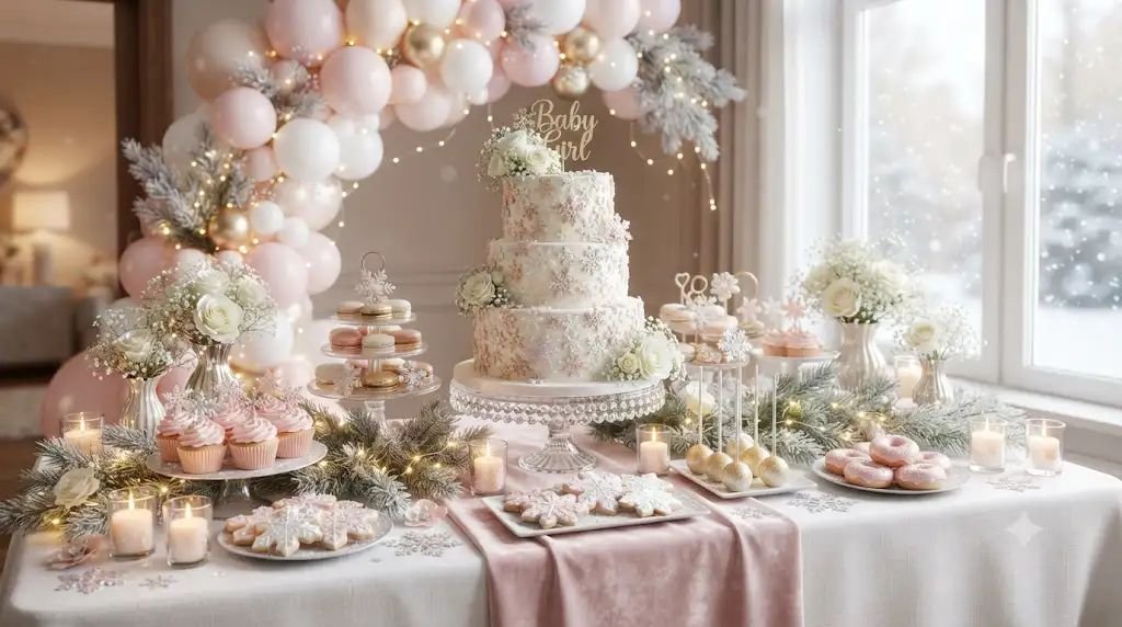 13 Yummy Winter Baby Shower Ideas for a Girl Built With Edible Pink Snowflakes