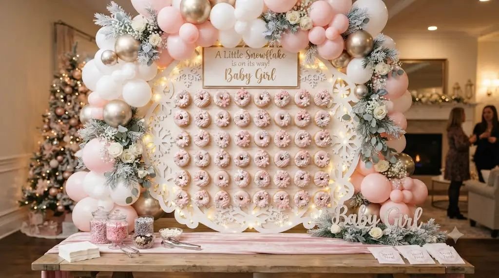 13 Yummy Winter Baby Shower Ideas for a Girl Built With Edible Pink Snowflakes