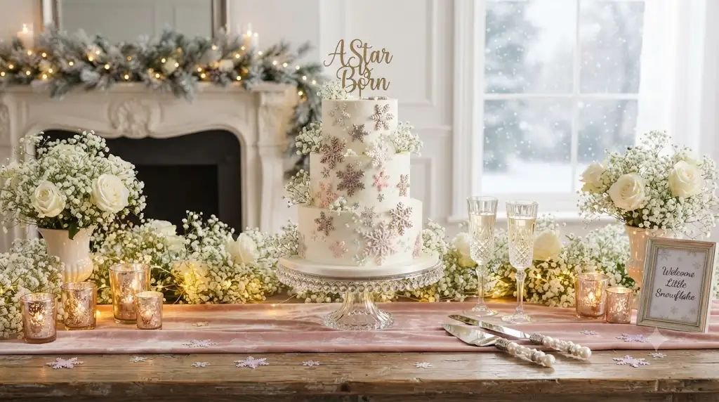 13 Yummy Winter Baby Shower Ideas for a Girl Built With Edible Pink Snowflakes