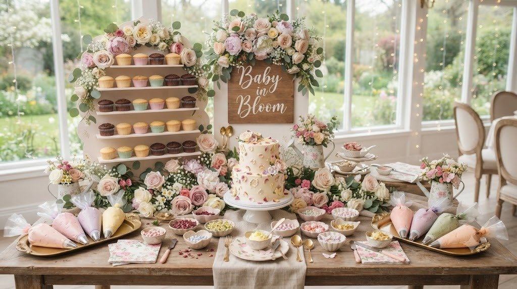 11 Tasty Baby in Bloom Shower Ideas Decorations Using Floral Cupcake Boards