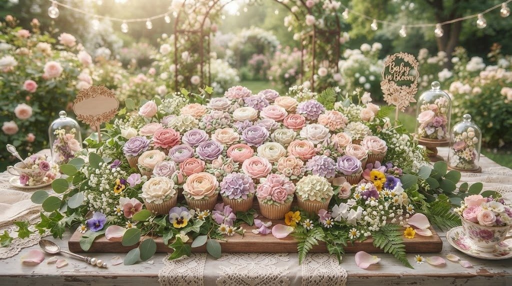 11 Tasty Baby in Bloom Shower Ideas Decorations Using Floral Cupcake Boards