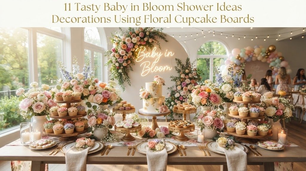 11 Tasty Baby in Bloom Shower Ideas Decorations Using Floral Cupcake Boards